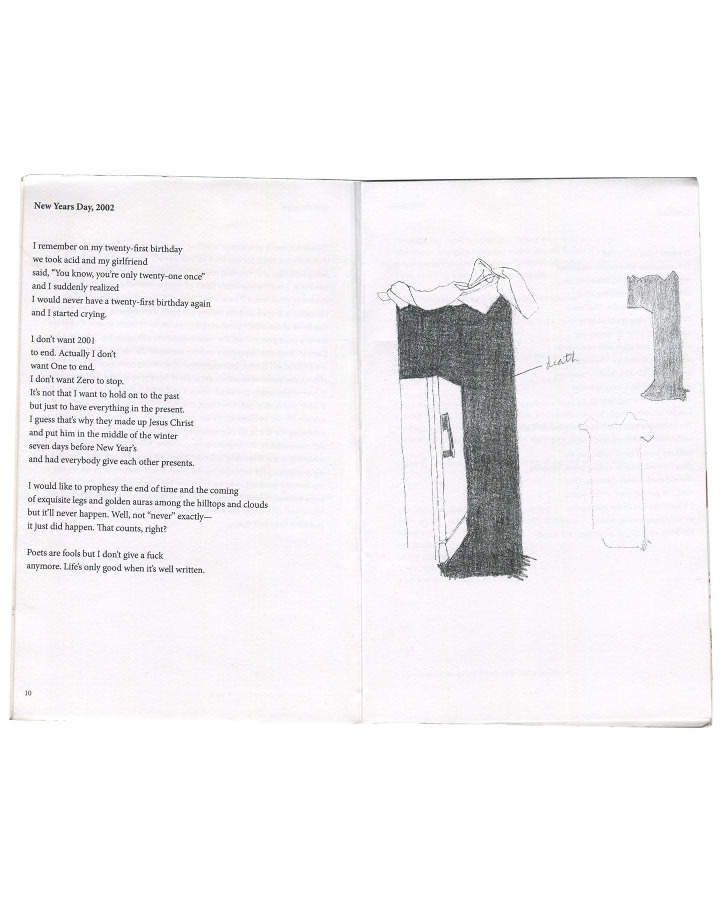 Page 10 — New Years Day, 2002 Artist book, Richard Hell / Josh Smith, Disgusting, 38th Street Publishers, New York, 2010. Interior spread, page 10. Left page: poem titled 'New Years Day, 2002' in small serif type. Begins: 'I remember on my twenty-first birthday / we took acid and my girlfriend / said, "You know, you're only twenty-one once"'. Ends: 'Poets are fools but I don't give a fuck / anymore. Life's only good when it's well written.' Right page: pencil drawing of a tall dark rectangular form — a door