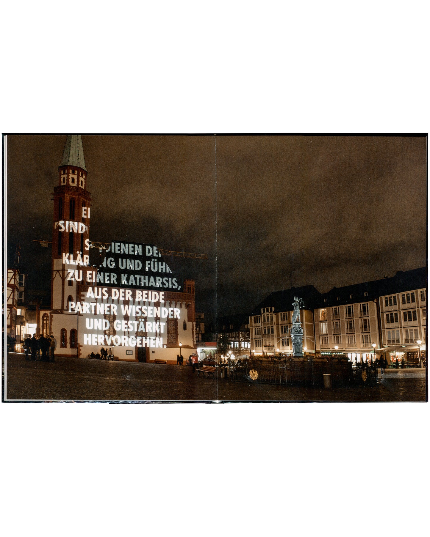 Jenny Holzer, For Frankfurt, 2011, interior spread, projected text on church façade, Römerberg square at night
