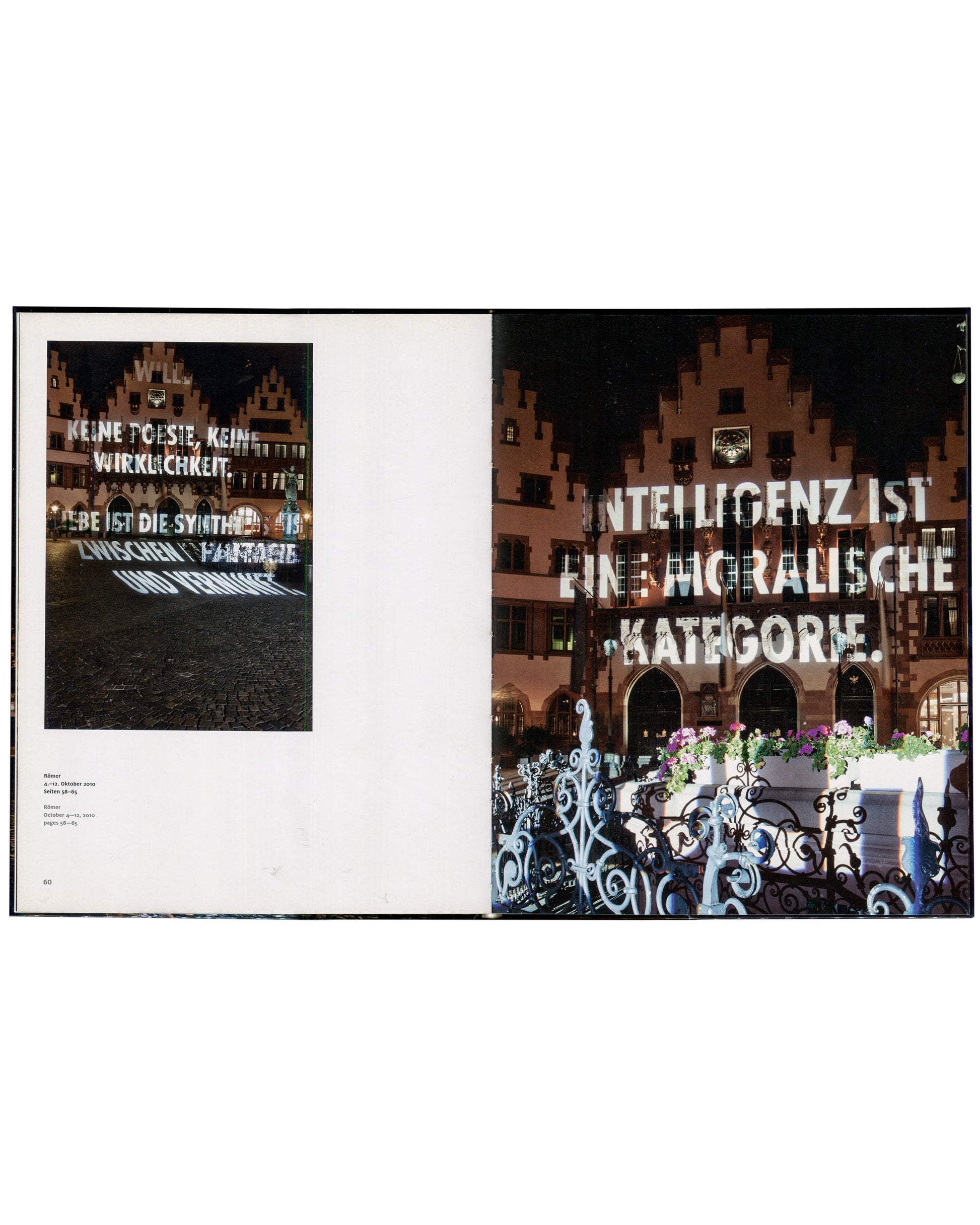 Jenny Holzer, For Frankfurt, 2011, interior spread, Römer town hall with projected Adorno text, night view
