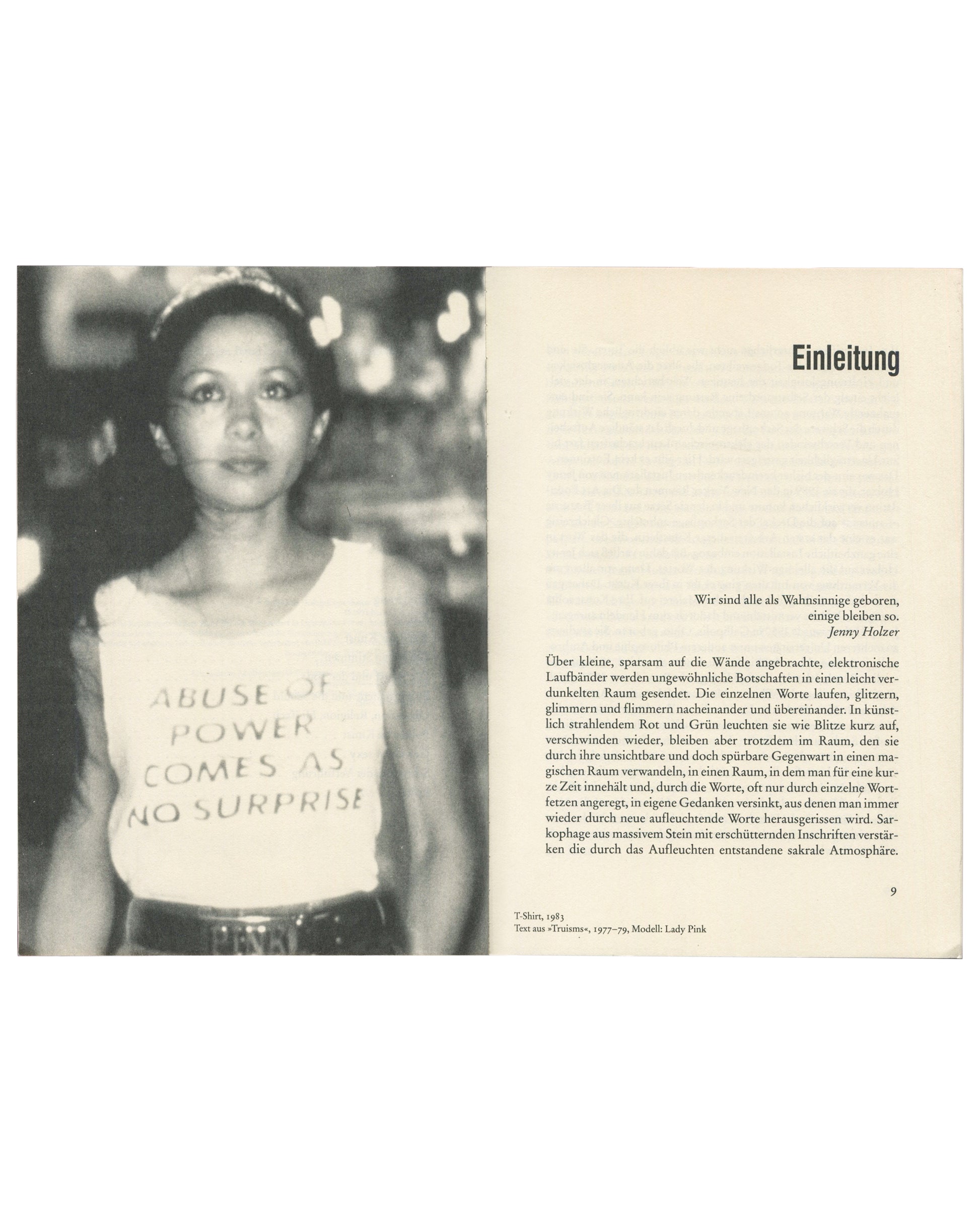 Jenny Holzer, Kunst Heute Nr. 9, Kiepenheuer & Witsch, 1993, interior spread, Lady Pink wearing Truisms T-shirt, Abuse of Power, Einleitung
