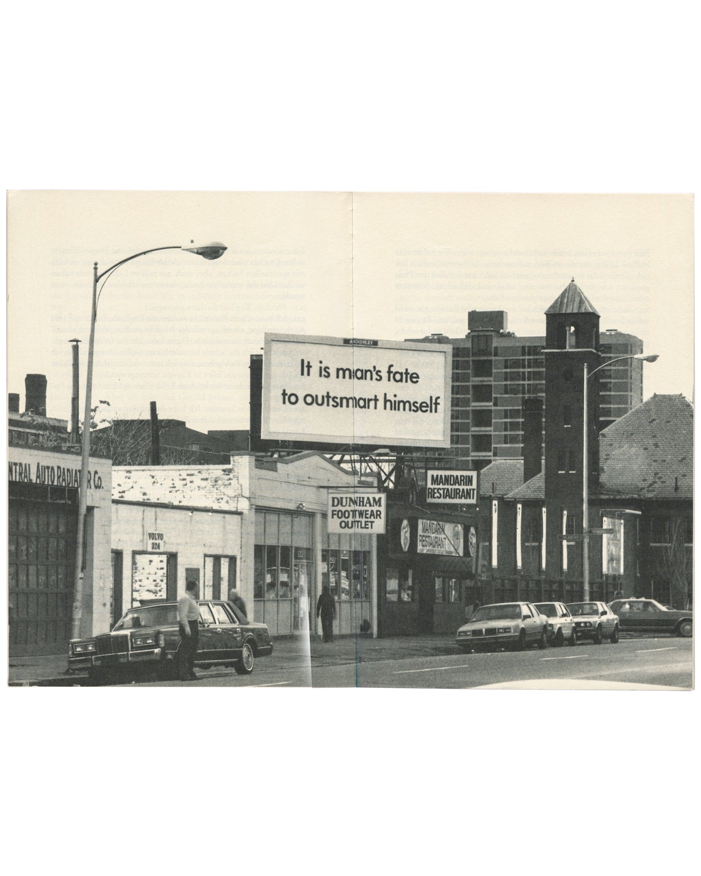 Jenny Holzer, Kunst Heute Nr. 9, Kiepenheuer & Witsch, 1993, interior spread, billboard It is man's fate to outsmart himself, urban street