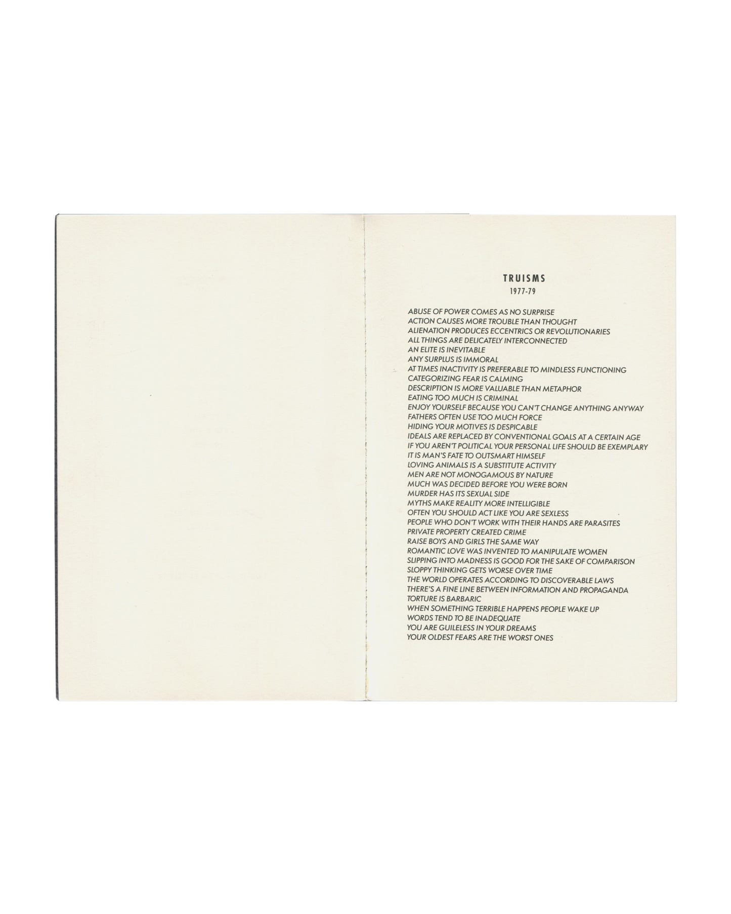 Interior spread showing Holzer's Truisms 1977–79, typeset in capitals on cream pages