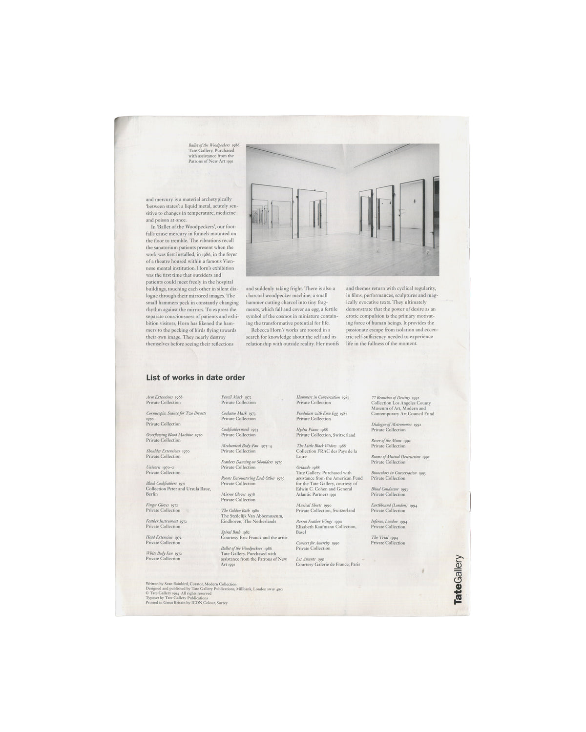 Rebecca Horn, Tate Gallery handout 1994, verso: Sean Rainbird essay text, Ballet of the Woodpeckers installation view, and works checklist