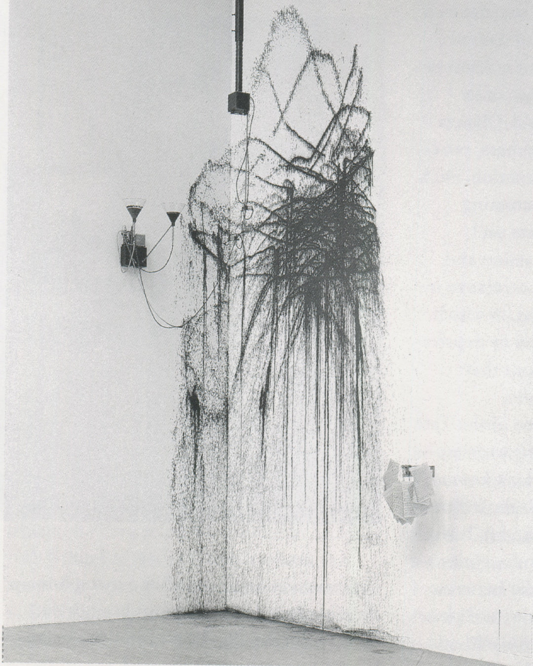 Rebecca Horn, Painting Machine 1988, interior spread: motorised arm drawing black ink across gallery corner wall, Tate Gallery handout 1994
