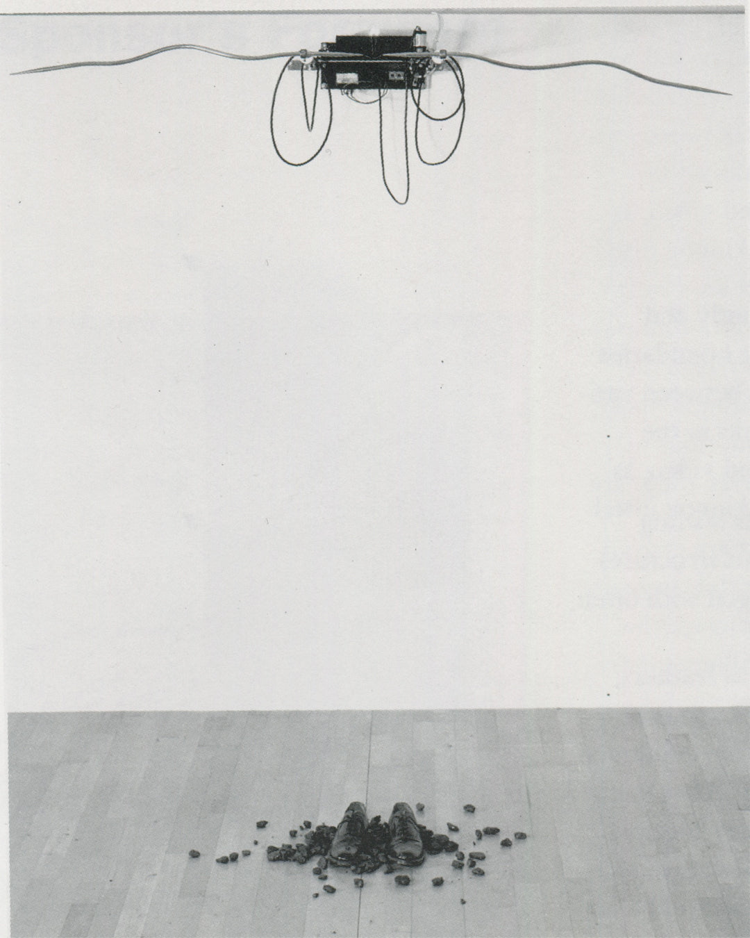 Rebecca Horn, High Moon 1991, interior spread: wall-mounted motor with wire antennae above scattered broken shoes on gallery floor, Tate 1994