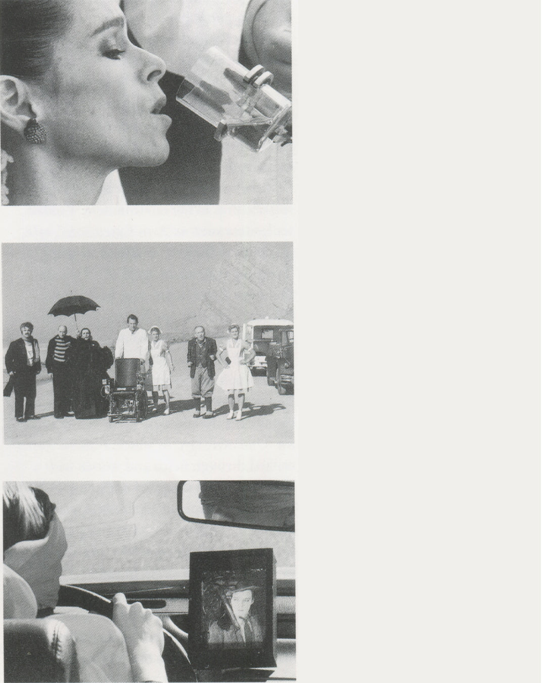 Rebecca Horn, interior spread: three film stills including Buster's Bedroom 1990, woman drinking, hospital group and car mirror, Tate 1994