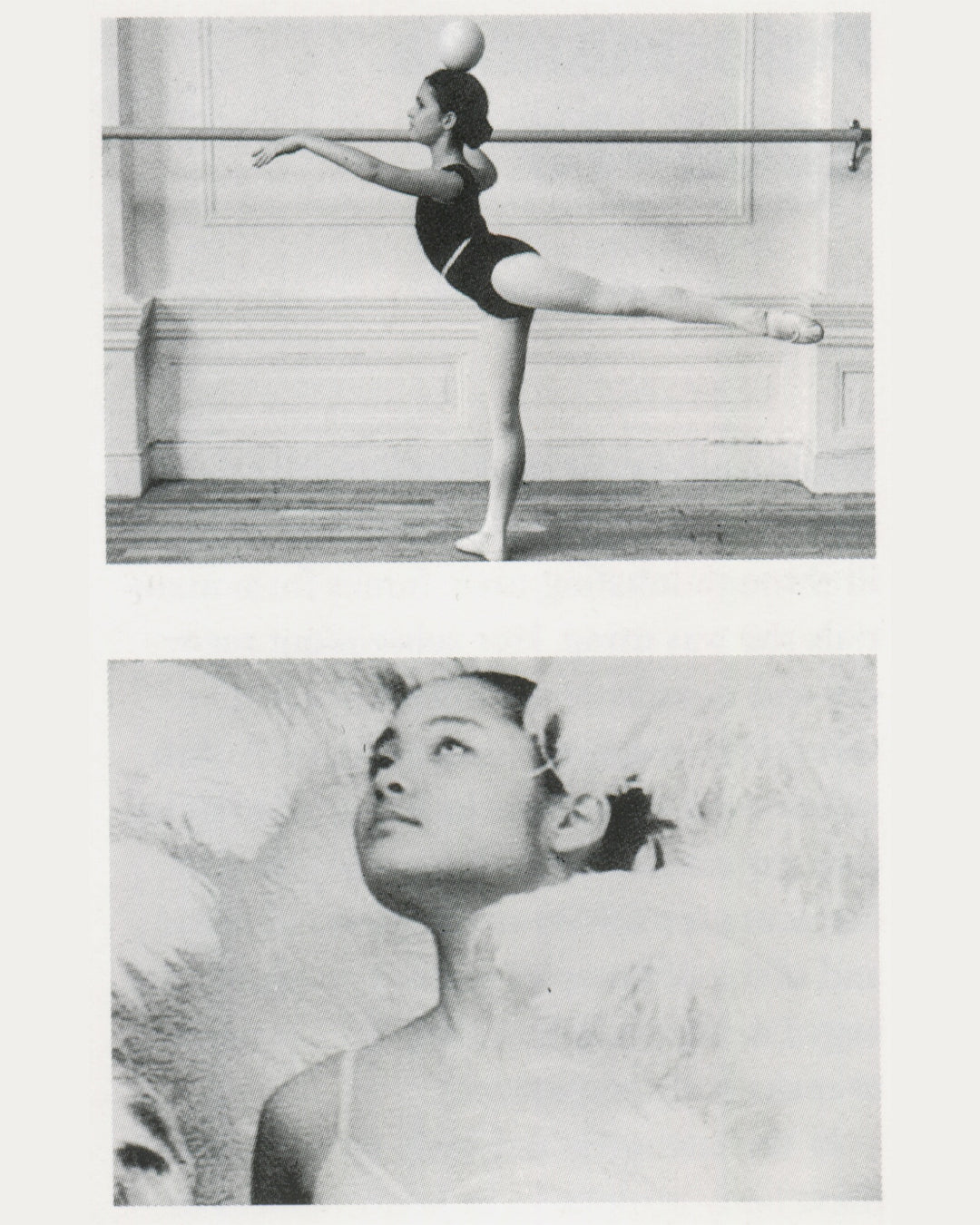 Rebecca Horn, interior spread: two stills, dancer at barre with sphere 1970s and performer lying in feathers, Tate Gallery handout 1994