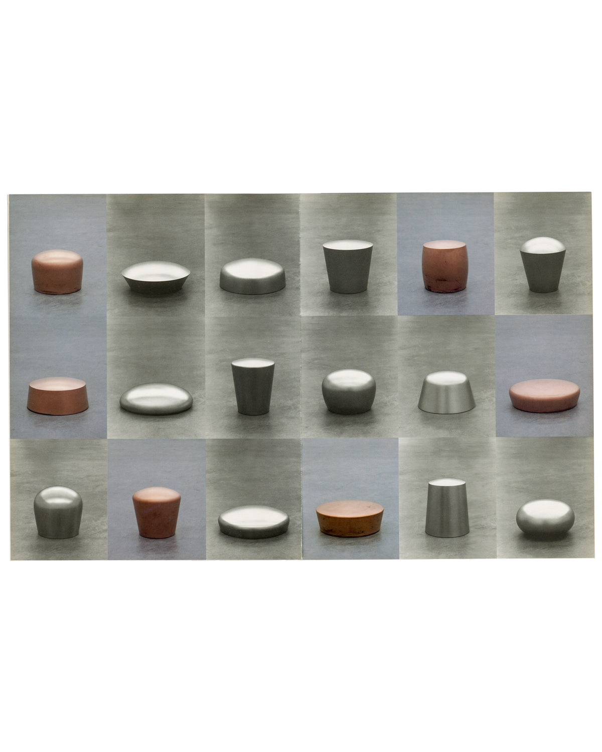Roni Horn, Pair Field, 1994, interior spread, grid of 18 copper and stainless-steel sculptural forms, De Pont catalogue