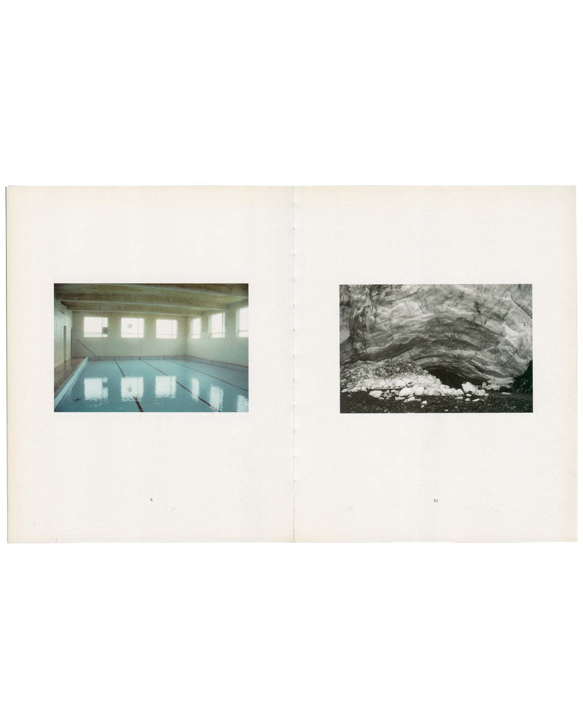 Roni Horn, De Pont, 1994, interior spread, indoor swimming pool paired with Icelandic glacial ice formation, colour and b/w