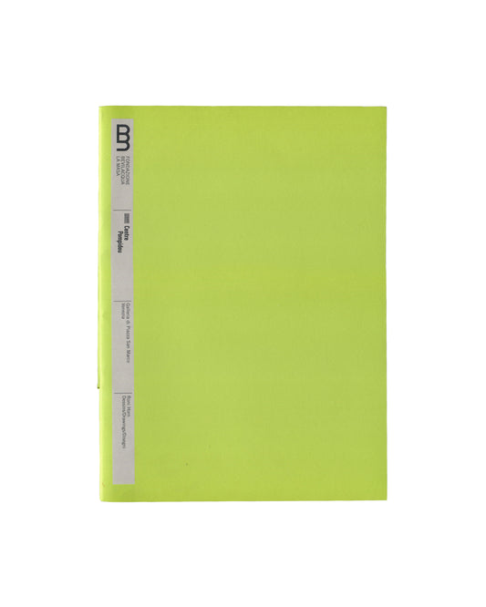 Front cover — institutional title strip Roni Horn, Dessins / Drawings / Disegni, Fondazione Bevilacqua La Masa / Centre Pompidou, Venice, 2004. Exhibition booklet front cover: fluorescent yellow-green wrappers; narrow vertical grey institutional title strip along left edge — double-B logo of Fondazione Bevilacqua La Masa in black above, then "FONDAZIONE / BEVILACQUA / LA MASA" in small black type, then "Centre / Pompidou" in black, then "Galleria di Piazza San Marco, / Venezia", then "Roni Horn / Dessins/Dr