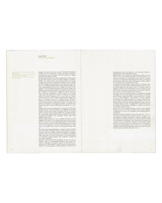 Interior spread — pages 8–9 Roni Horn, Dessins / Drawings / Disegni, Fondazione Bevilacqua La Masa / Centre Pompidou, Venice, 2004. Exhibition booklet interior spread, pages 8–9: left page, bibliography column upper left listing Horn publications — Pooling Waters (1999), Bluff Life (2000s), Lava (2001–02), Another Water (2002), Cão Comum (2006) — followed by essay "Roni Horn a Venezia" by Angela Vettese in two columns of small Italian serif type, discussing Horn's relationship to water, Iceland, photography