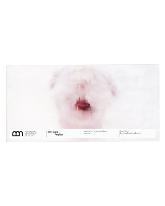  Recto — Clownpout (4) reproduction Roni Horn, Dessins / Drawings / Disegni, Fondazione Bevilacqua La Masa / Centre Pompidou, Venice, 2004. Exhibition invitation recto: full-bleed colour reproduction of Clownpout (4), 2002 — two photographic heads cut apart and interlocked, face appearing simultaneously doubled, blurred and partially erased; pale pink and white tones, open mouth visible at centre, features dissolved into abstraction; lower edge, horizontal strip with institutional logos and text in small bl