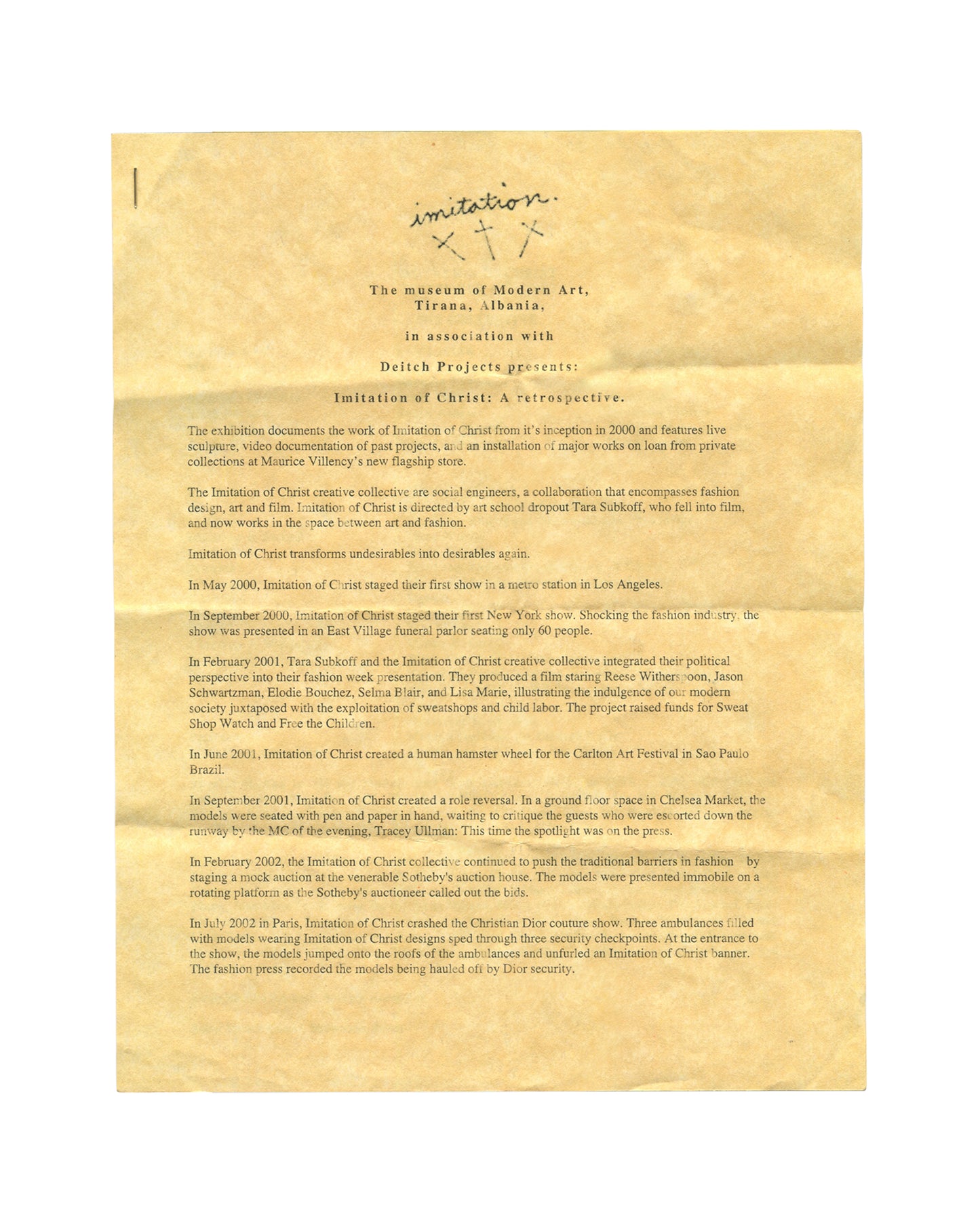 Imitation of Christ: A Retrospective press release and participant sheet, 2002. Stapled two-page document on white stock; typewritten text listing guerrilla runway actions, Sotheby's interventions, Dior disruptions, sweatshop politics, and celebrity casting; participant names and event credits.