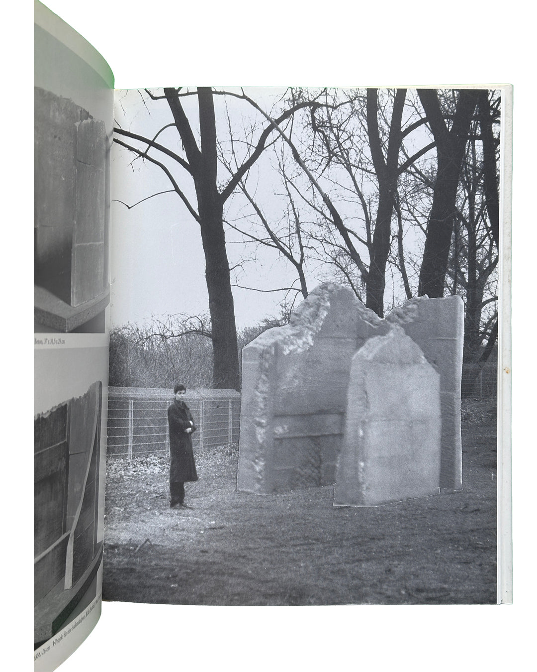 nterior spread: Isa Genzken — 1988 monograph interior, black and white photograph of  a young Isa Genzken standing beside large concrete block sculptures outdoors, bare winter trees