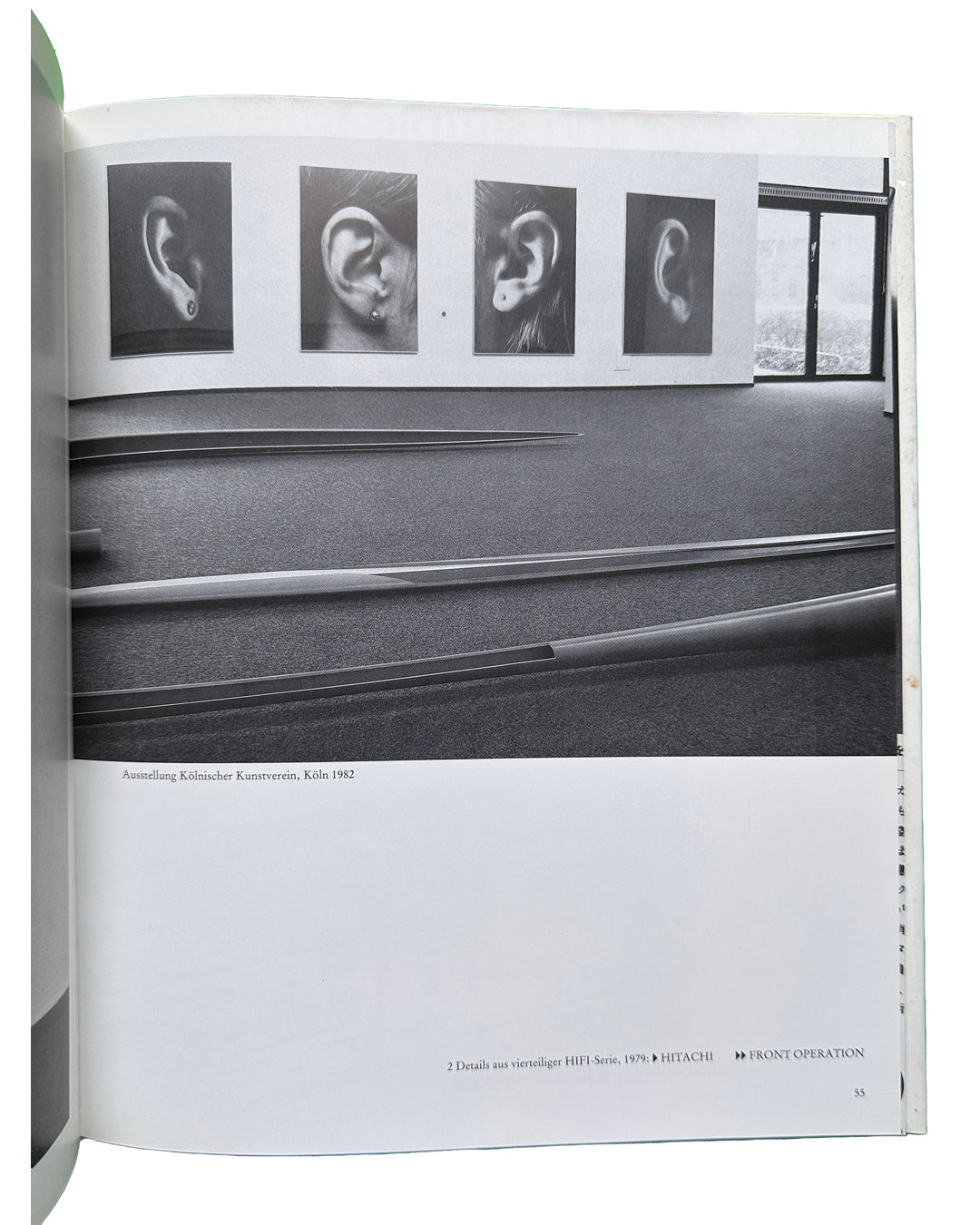 Interior spread: Isa Genzken — installation view Kölnischer Kunstverein, Köln 1982 — four ear photographs mounted on wall above two elongated steel rods on floor, HIFI-Serie 1979
