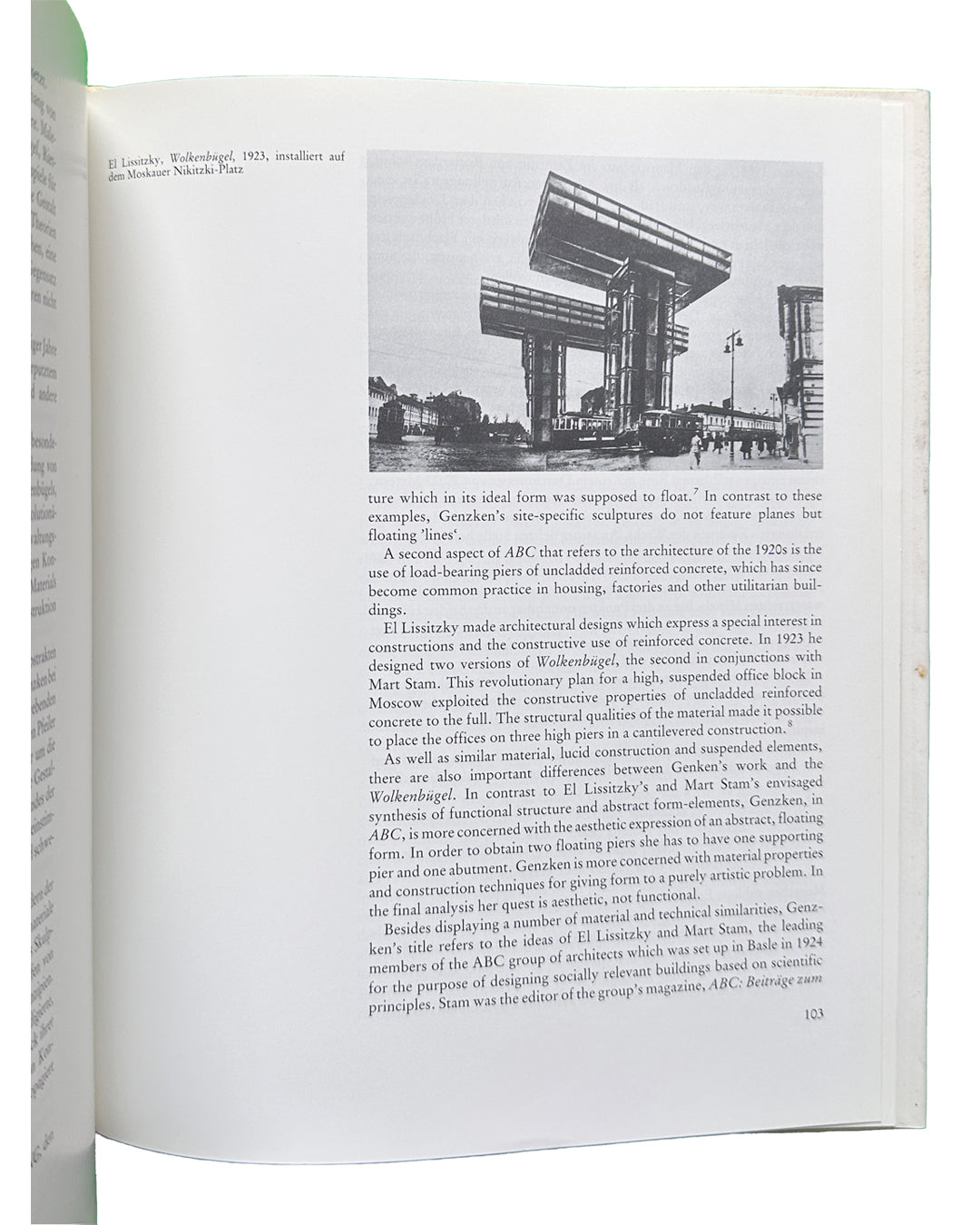  Interior text page: Isa Genzken — 1988 monograph page 103, essay text with black and white photograph of El Lissitzky Wolkenbügel 1923, Moskauer Nikitzki-Platz