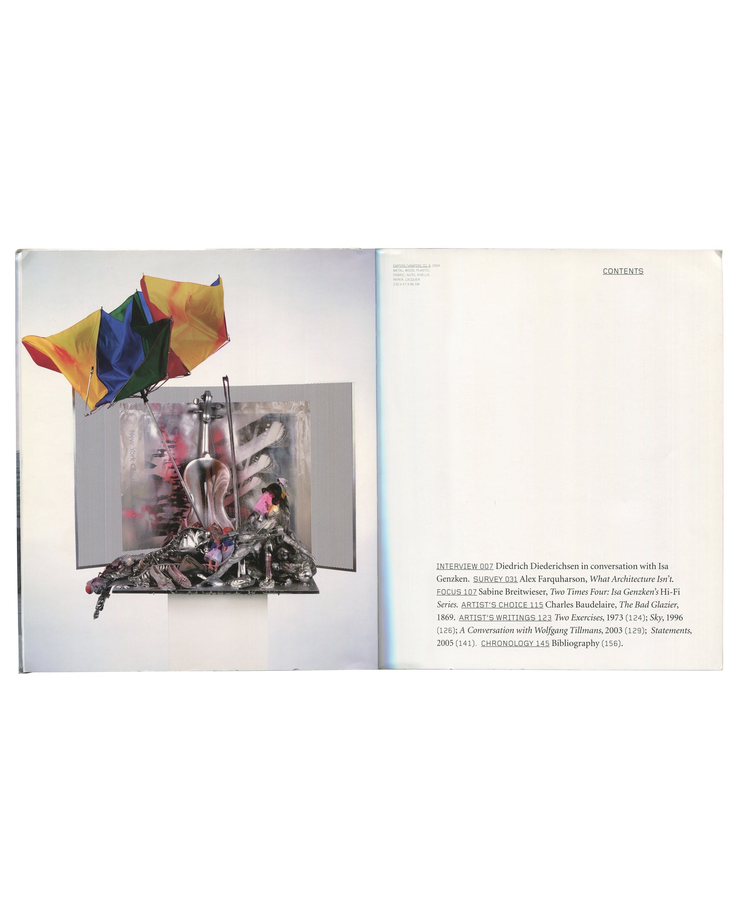 Assemblage sculpture with colourful fabric flags and chrome elements opposite the contents listing.
