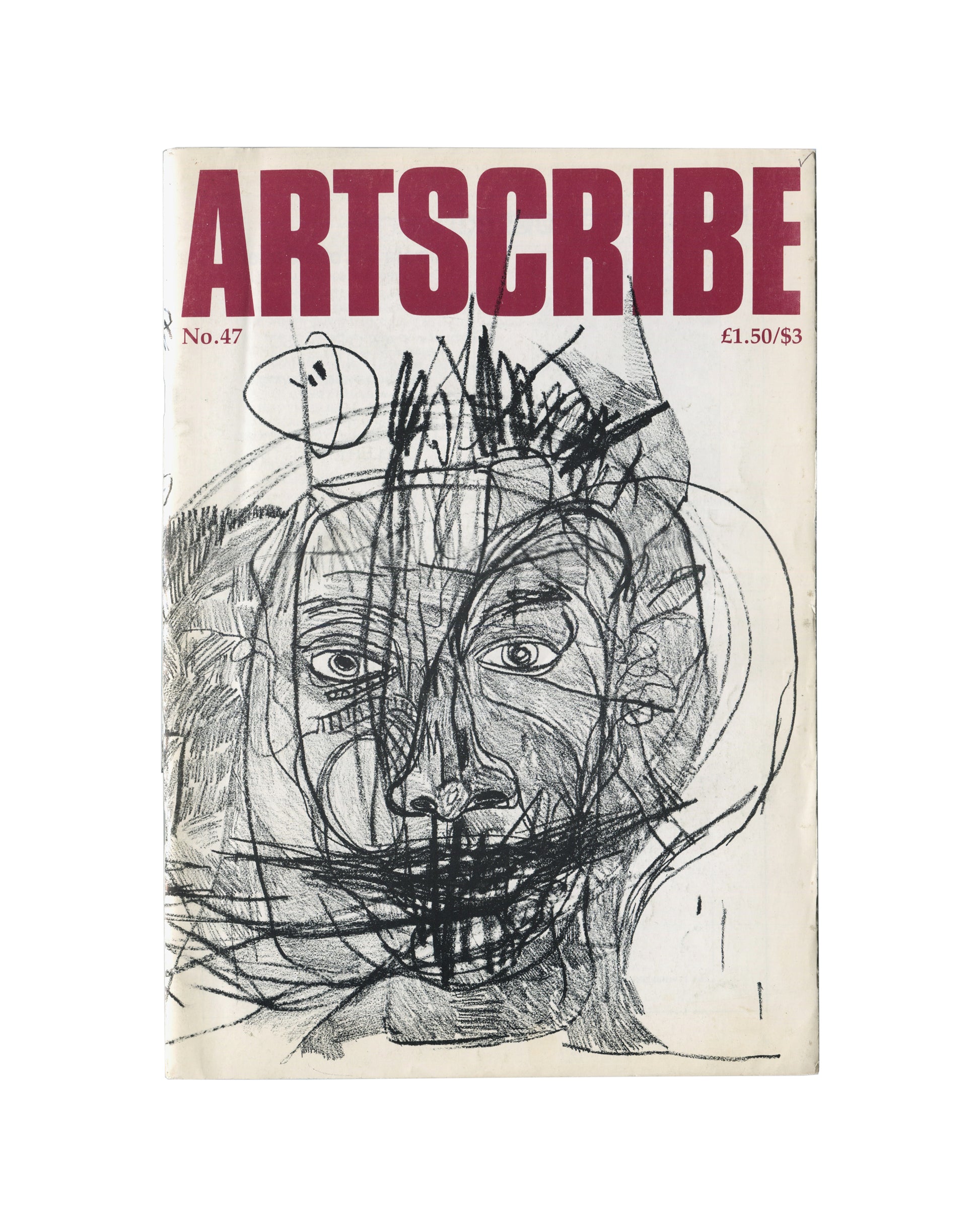 Original 1984 Artscribe No. 47 July–August magazine cover featuring Jean-Michel Basquiat drawing, showing a large-format graphite and charcoal head with crown motif, heavily worked with layered scribbled lines, staring eyes, and open mouth, against cream ground, with masthead 'ARTSCRIBE' in large dark red block capitals at top, 'No.47' at lower left and '£1.50/$3' at lower right.