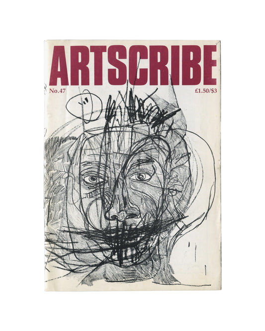Original 1984 Artscribe No. 47 July–August magazine cover featuring Jean-Michel Basquiat drawing, showing a large-format graphite and charcoal head with crown motif, heavily worked with layered scribbled lines, staring eyes, and open mouth, against cream ground, with masthead 'ARTSCRIBE' in large dark red block capitals at top, 'No.47' at lower left and '£1.50/$3' at lower right.