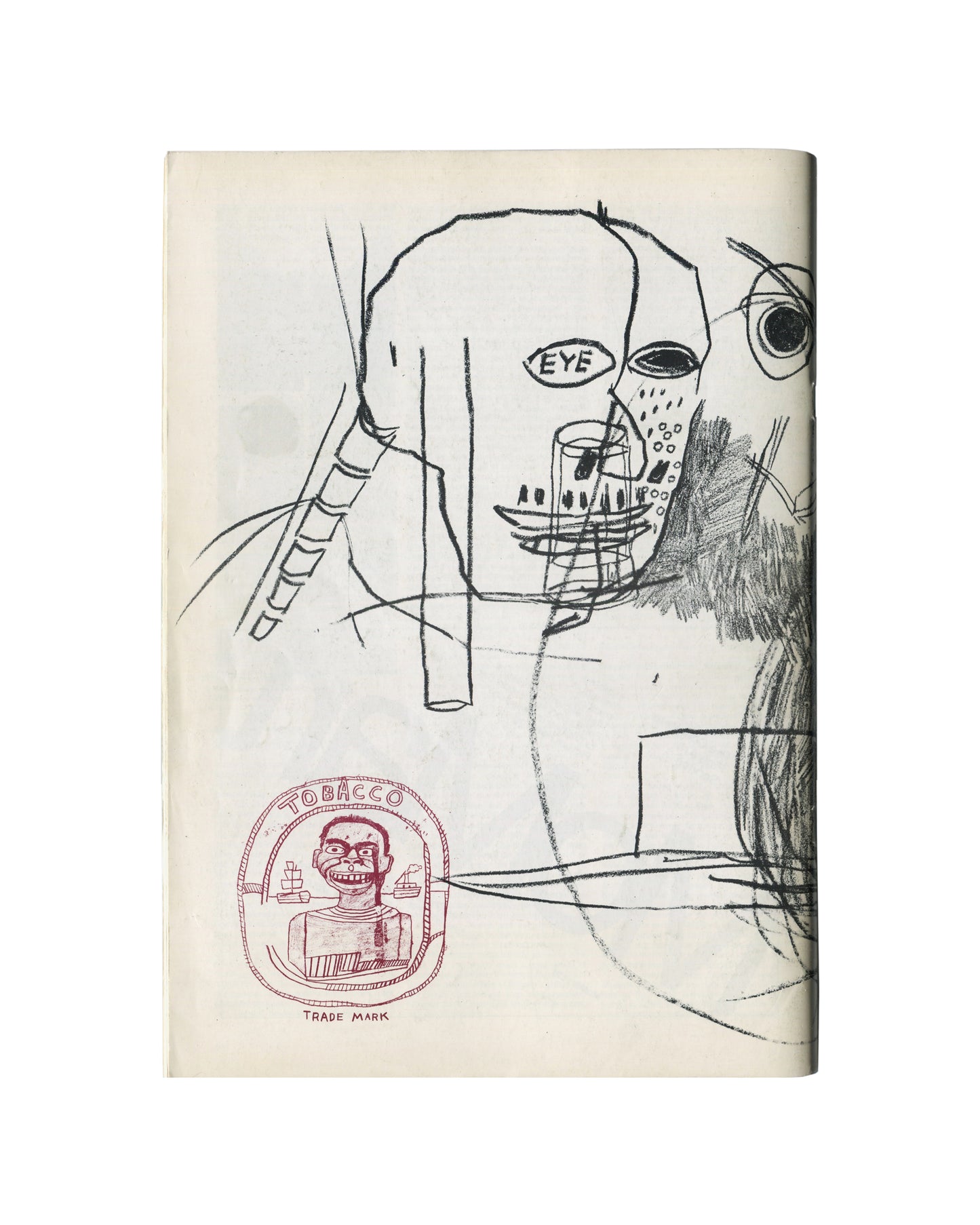 Detail of the back cover of 1984 Artscribe No. 47 showing Jean-Michel Basquiat's drawing with 'EYE' label, vessel and glass forms, diagonal lines, and the pink 'TOBACCO TRADE MARK' stamp device at lower left on cream ground.