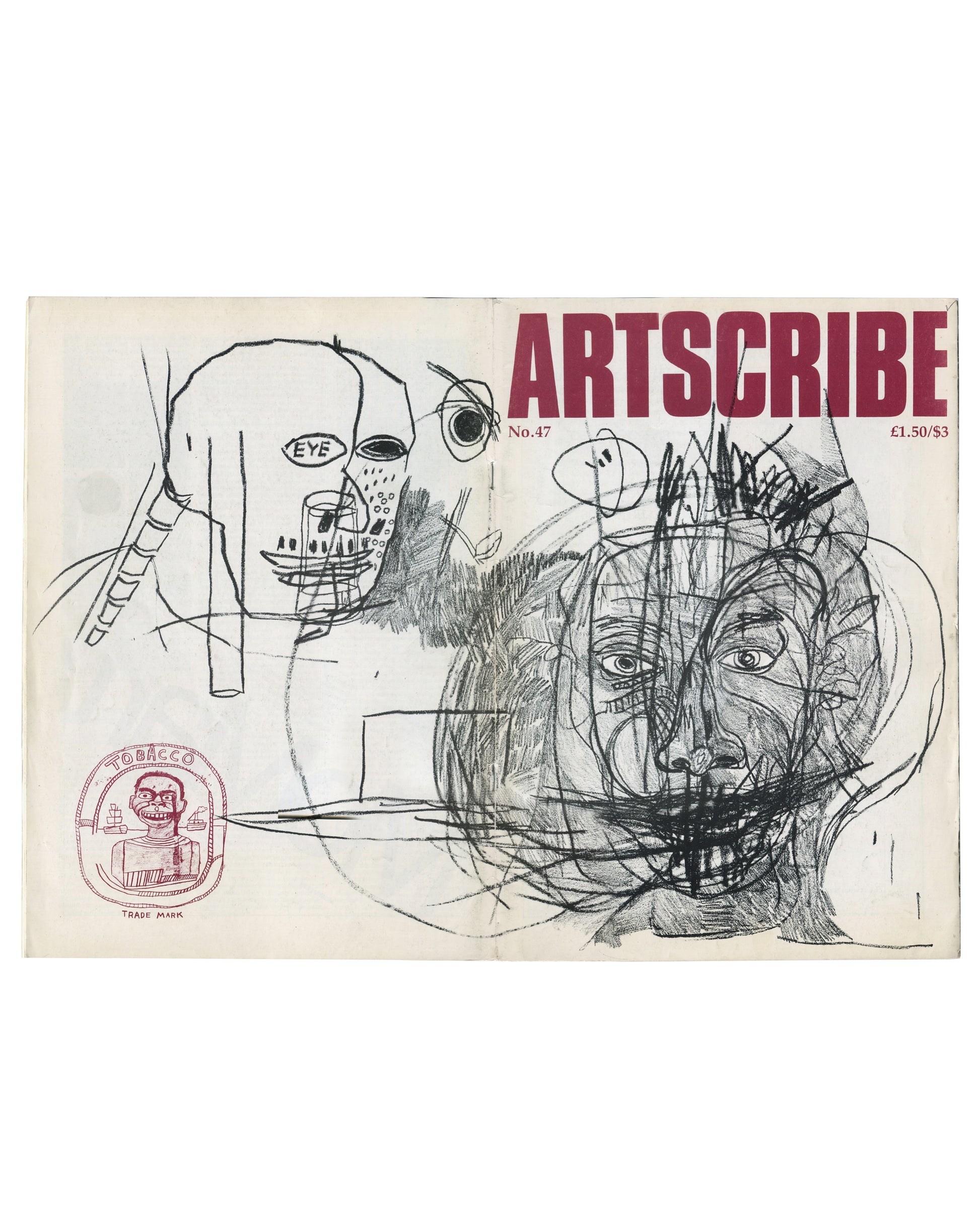 Reverse of 1984 Artscribe No. 47 Jean-Michel Basquiat wraparound cover showing the back panel of the magazine with continuation of Basquiat's drawing: a fragmented figure with the word 'EYE' inscribed in an oval, a glass or vessel form, gestural marks and lines, and at lower left a pink rubber-stamp style circular logo reading 'TOBACCO / TRADE MARK' enclosing a grinning figure with ships, all on cream ground.
