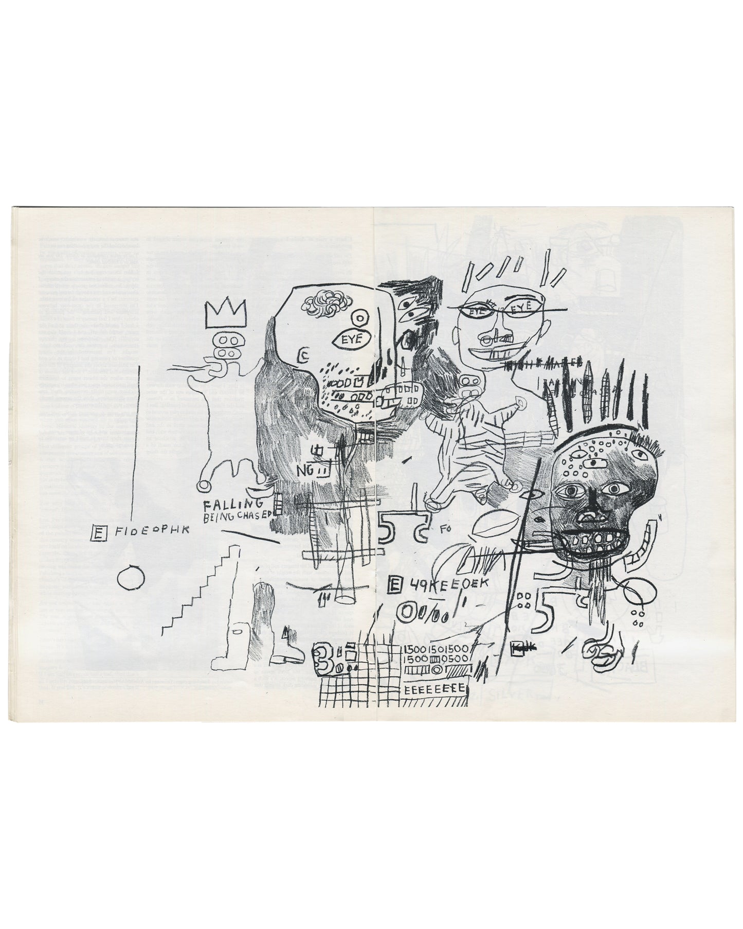 nterior double-page spread from 1984 Artscribe No. 47 showing a Jean-Michel Basquiat drawing reproduction: three figures with crown motif at upper left, text fragments including 'FALLING', 'BEING CHASED', 'FIDEOPHK', 'E 49KEEOEK', numerical sequences '1500 150 1500', 'EEEEEEE', and grid forms, rendered in graphite and ink on white ground.