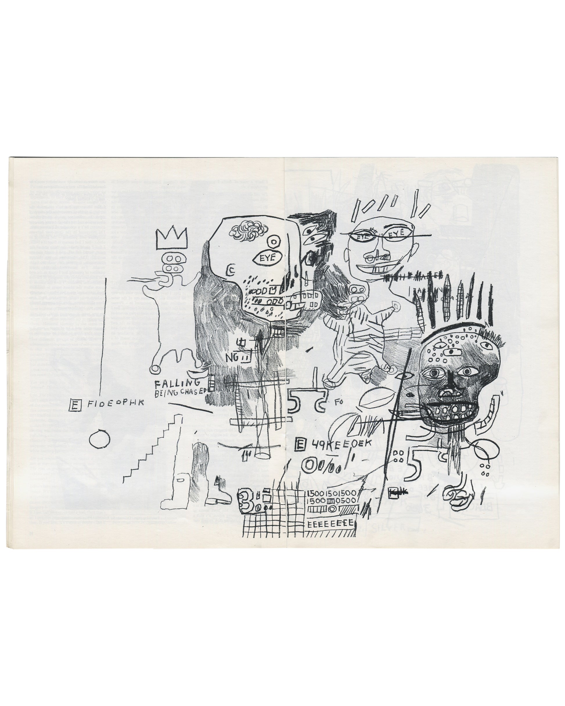 nterior double-page spread from 1984 Artscribe No. 47 showing a Jean-Michel Basquiat drawing reproduction: three figures with crown motif at upper left, text fragments including 'FALLING', 'BEING CHASED', 'FIDEOPHK', 'E 49KEEOEK', numerical sequences '1500 150 1500', 'EEEEEEE', and grid forms, rendered in graphite and ink on white ground.