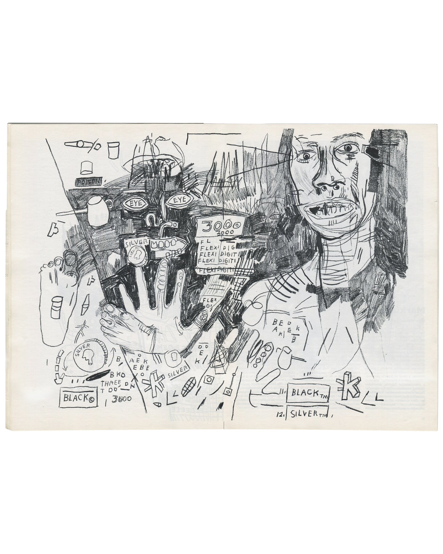 Interior double-page spread from 1984 Artscribe No. 47 showing a Jean-Michel Basquiat drawing reproduction: a dense composition with a large face at right, hands, text fragments including 'POISON', 'EYE EYE', 'SILVER', '3000', 'FLEXI DIG / FLEXI DIGIT', 'BLACK©', 'BLACK TM', 'SILVER TM', 'BED AKER', and scattered numerical and symbolic marks in graphite and ink.