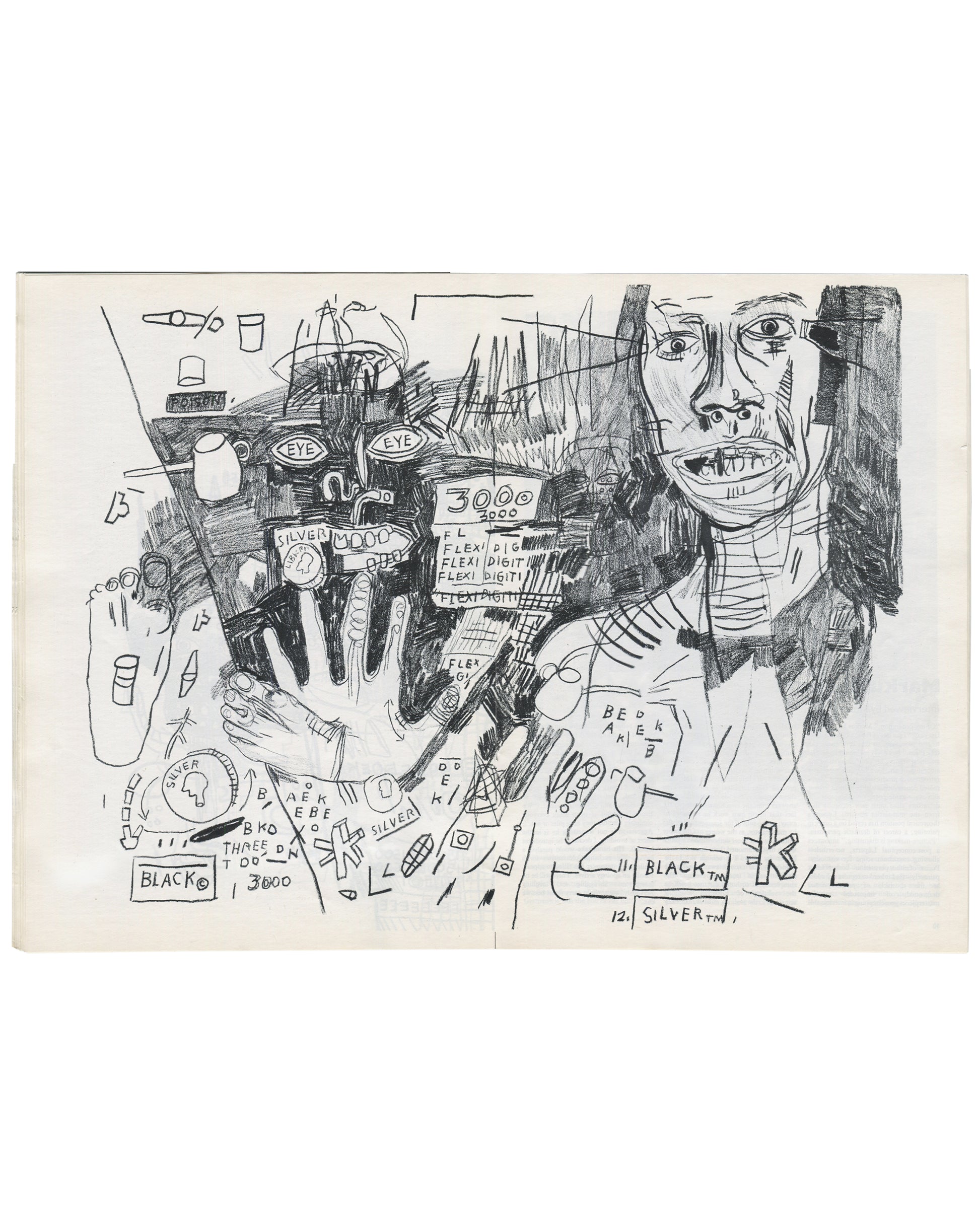 Interior double-page spread from 1984 Artscribe No. 47 showing a Jean-Michel Basquiat drawing reproduction: a dense composition with a large face at right, hands, text fragments including 'POISON', 'EYE EYE', 'SILVER', '3000', 'FLEXI DIG / FLEXI DIGIT', 'BLACK©', 'BLACK TM', 'SILVER TM', 'BED AKER', and scattered numerical and symbolic marks in graphite and ink.