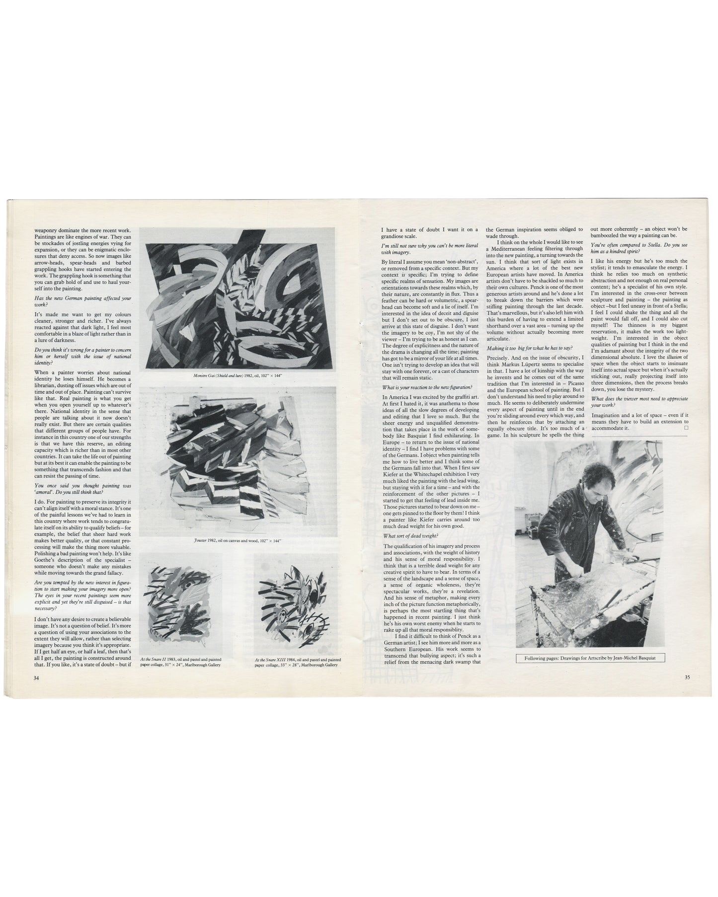 Interior pages from 1984 Artscribe No. 47 showing a two-page article spread with small colour reproductions of paintings by an unidentified artist alongside a text interview, with caption references to Marlborough Gallery and dates 1982–1984, printed in two-column serif type on white ground.