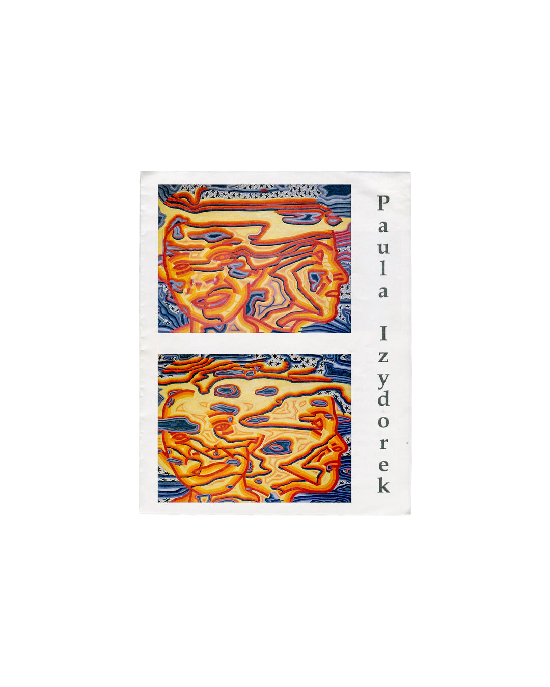 Paula Izydorek, Olo: Interconnectivity Between Two Beings, self-published artist brochure, 2021. Front cover: white ground; 'Paula Izydorek' in grey serif above; studio address, email, website and phone number in small grey type; colour reproduction of an abstract painting — interlocking orange, red and blue curvilinear forms suggesting two intertwined profiles against a pale ground with diagonal yellow accent; work captions in small type below image. Handling creases and surface undulation.