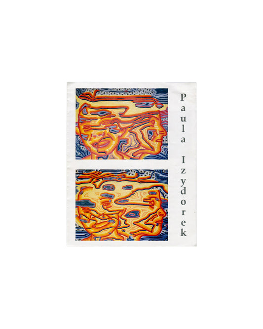  Paula Izydorek, Olo: Interconnectivity Between Two Beings, self-published artist brochure, 2021. Front cover: white ground; 'Paula Izydorek' in grey serif above; studio address, email, website and phone number in small grey type; colour reproduction of an abstract painting — interlocking orange, red and blue curvilinear forms suggesting two intertwined profiles against a pale ground with diagonal yellow accent; work captions in small type below image. Handling creases and surface undulation.
