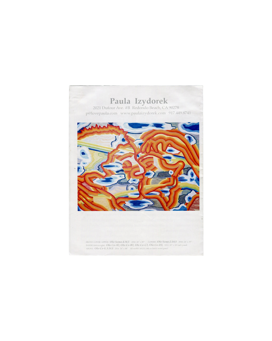 Paula Izydorek, Olo: Interconnectivity Between Two Beings, self-published artist brochure, 2021. Back cover: white ground; two stacked colour reproductions of abstract paintings — each showing interlocking orange and yellow profiles with blue and grey patterned grounds suggesting hair or water; 'Paula Izydorek' in large spaced grey serif running vertically down the right margin. Handling creases.