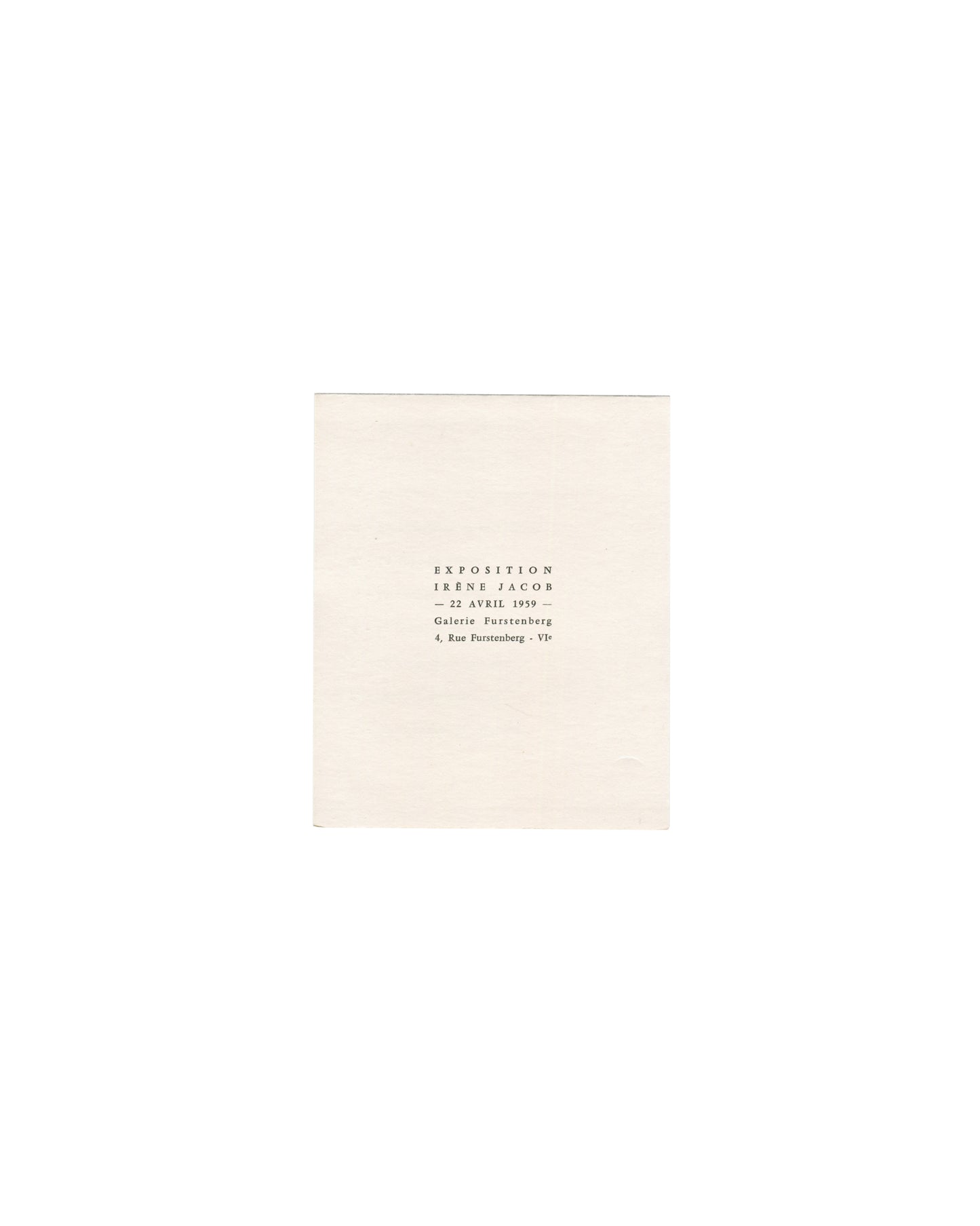 Irène Jacob, Exposition Galerie Furstenberg 1959; folded invitation cover, black spaced typography on cream card