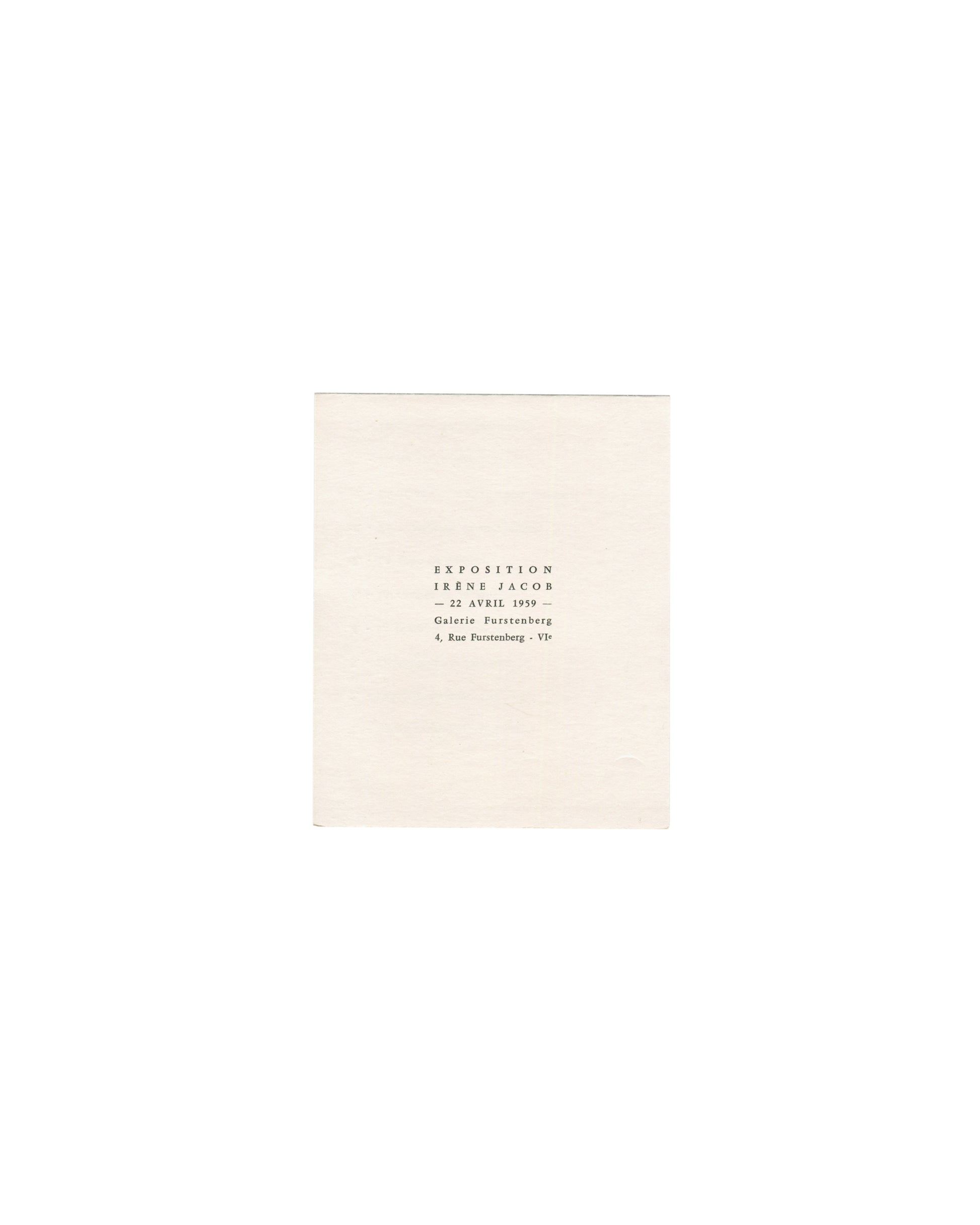 Irène Jacob, Exposition Galerie Furstenberg 1959; folded invitation cover, black spaced typography on cream card