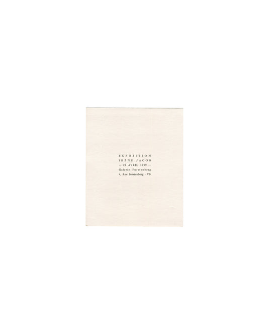 Irène Jacob, Exposition Galerie Furstenberg 1959; folded invitation cover, black spaced typography on cream card