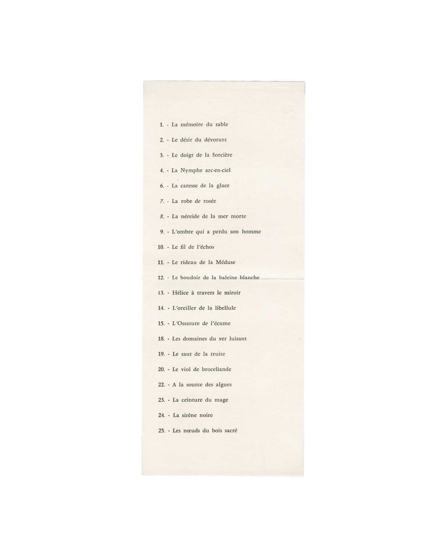 Irène Jacob, Exposition Galerie Furstenberg 1959; interior checklist of 21 works with poetic titles in French, cream paper