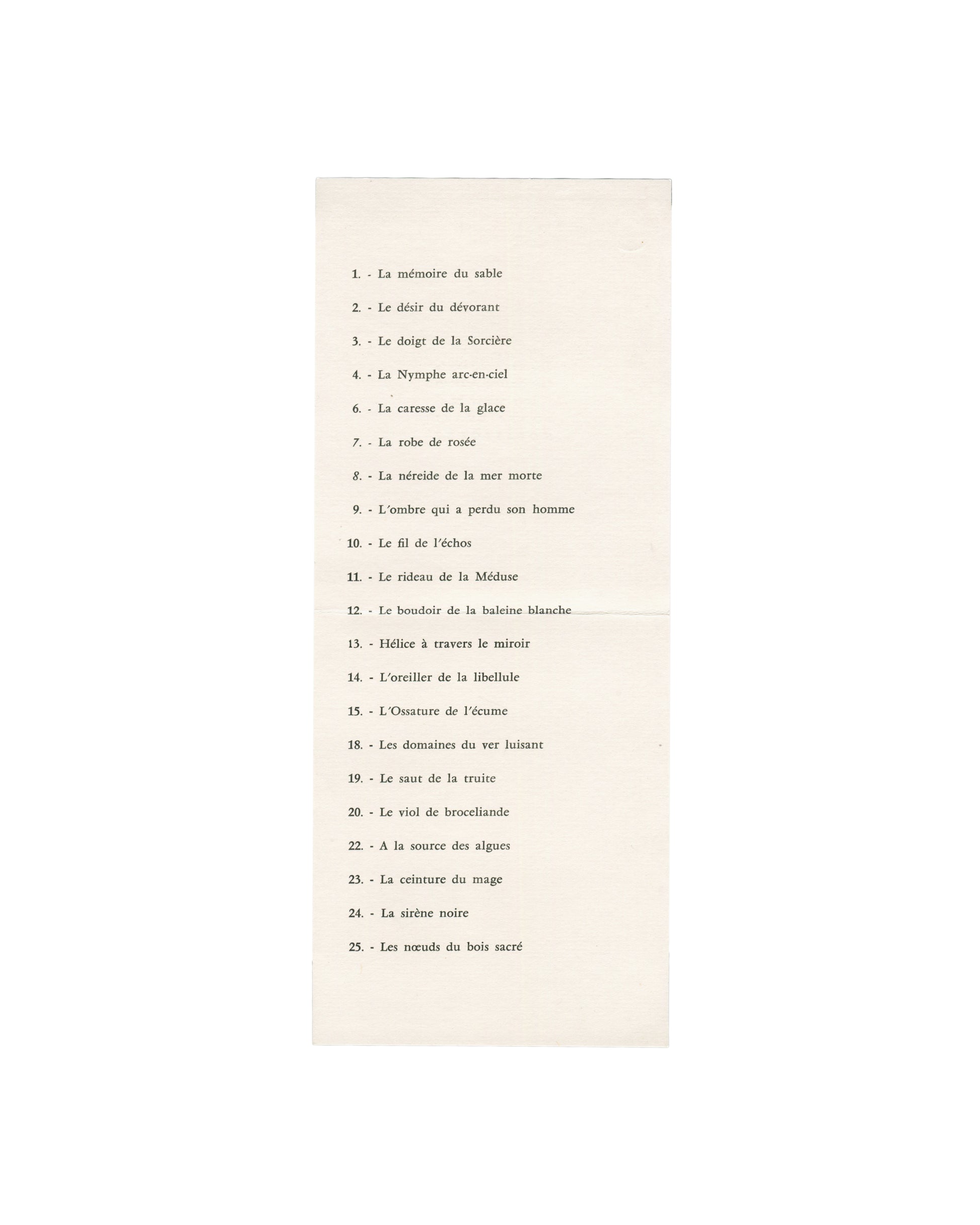 Irène Jacob, Exposition Galerie Furstenberg 1959; interior checklist of 21 works with poetic titles in French, cream paper