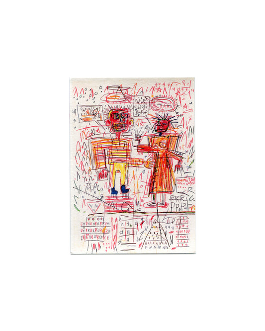 Anonymous postcard reproduction after Jean-Michel Basquiat, Untitled III from The Figure Portfolio, 1982. Recto showing two schematic figures in red, orange and yellow against a dense field of handwritten letters, diagrams, colour notations and repeated graphic marks on white ground, 14.8 × 10 cm, colour-process print on coated card.