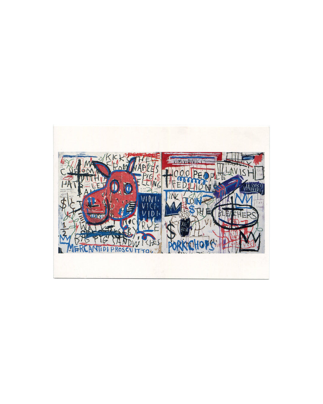 Postcard recto, Jean-Michel Basquiat, Man from Naples, 1982, published by The Royal Academy, London / te Neues Verlag, 1993. Offset colour reproduction on white card, c. 10.8 × 15.2 cm. Horizontal diptych format — two-panel acrylic and collage on wood. Left panel: red cartoon dog/pig head with blue eye; dense handwritten text including 'VINI VICI VIDI', 'BIG PIG SANDWICHES', 'MERCANTIDI PROSCIUTTO', '$', crown motifs, scattered words. Right panel: red horizontal band upper edge; text including 'VINI VIDI VI