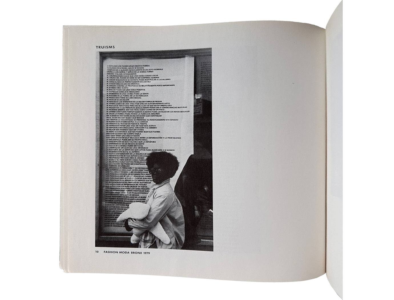 Private Property Created Crime, 1984 — interior spread, Truisms in Spanish at Fashion Moda Bronx 1979, figure reading text on wall