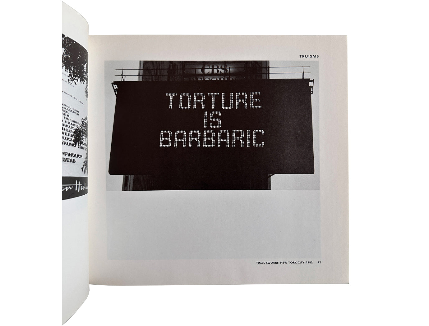 Jenny Holzer — Private Property Created Crime, 1984 — interior spread, Torture Is Barbaric LED sign, Times Square New York City 1982