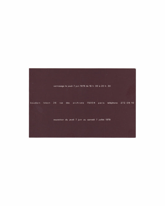  Reverse: Jochen Gerz — Le Dépôt · Kulchur Pièce 4, 1979 — reverse of exhibition invitation showing vernissage details, Baudoin Lebon, 36 rue des Archives, Paris, 7 juin–7 juillet 1979