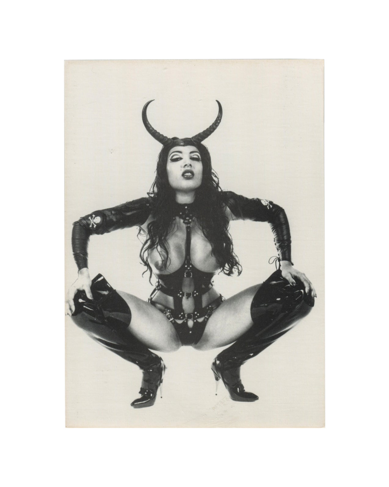 Justice Howard, photographic postcard, Soho Galleries, San Francisco, 1996, black-and-white figure in horns and leather, recto