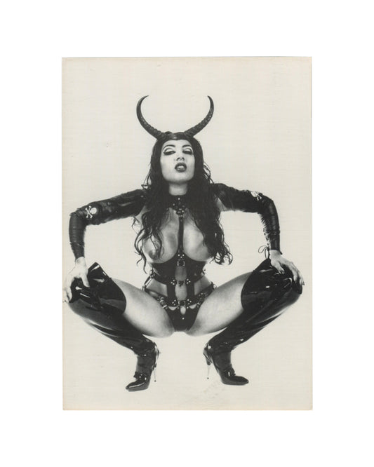 Justice Howard, photographic postcard, Soho Galleries, San Francisco, 1996, black-and-white figure in horns and leather, recto