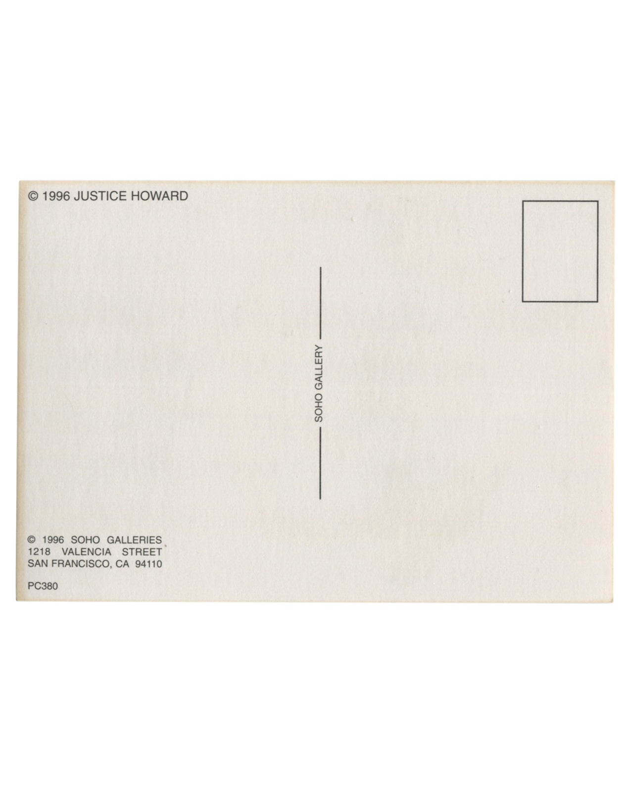 Justice Howard, photographic postcard, Soho Galleries, San Francisco, 1996, printed copyright and address verso, PC380, unmailed