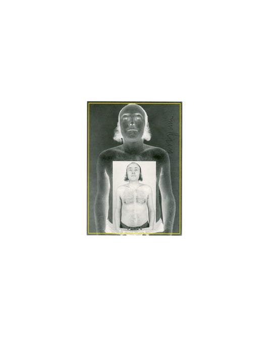 Wolf Kahlen, Selbstversuch II, 1969, artist postcard recto, inverted self-portrait with positive print overlay, ink signature