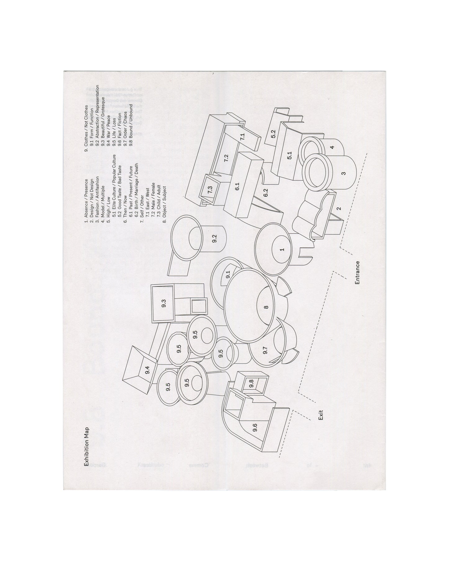 Rei Kawakubo, Comme des Garçons Exhibition map: Art of the In-Between, The Met 2017, isometric gallery plan numbered 1–9.8, nine in-between states key