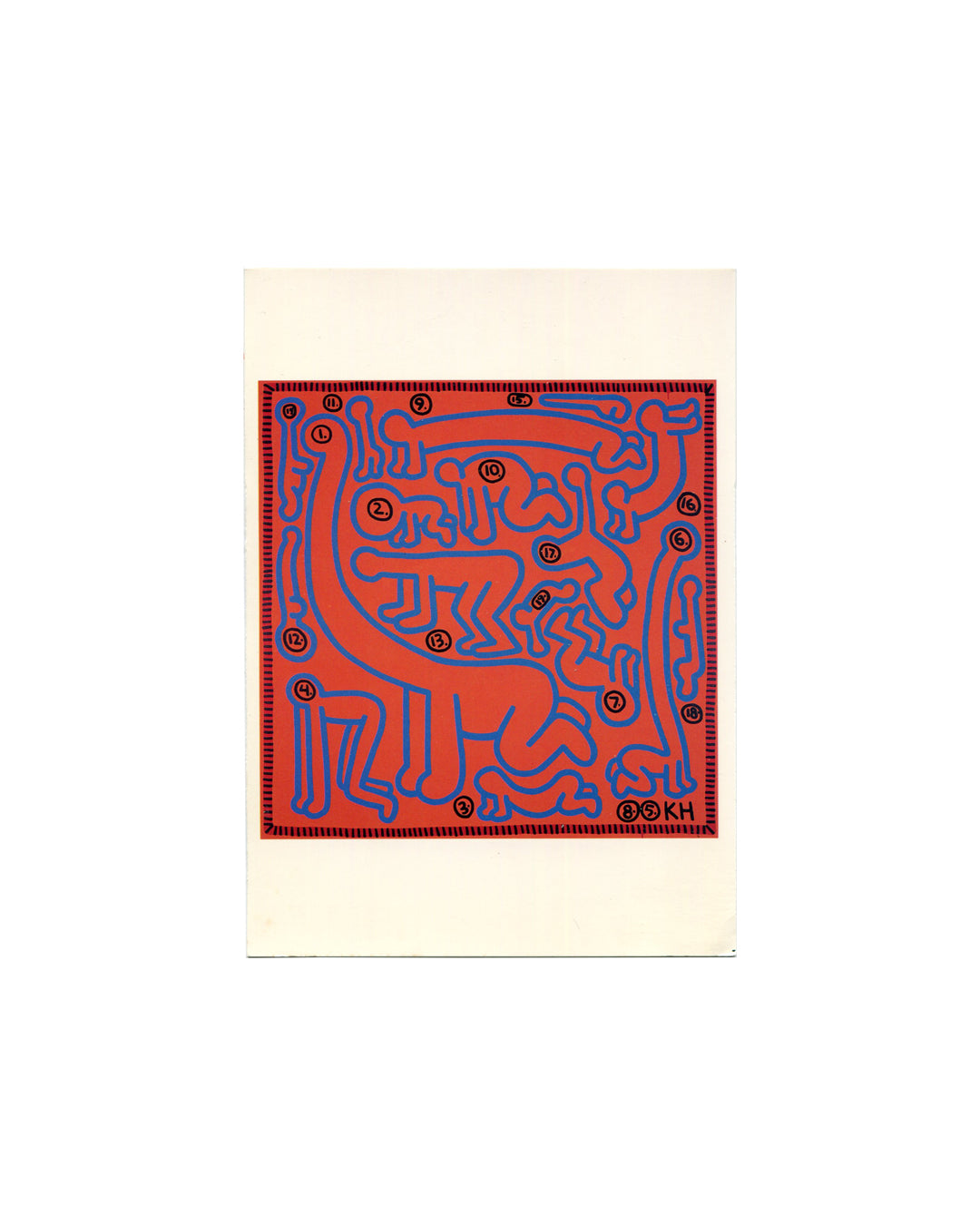 Postcard recto, Keith Haring, Untitled, 1985, Artpost, New York, 1987. Offset colour reproduction on cream card. Square image — red ground with continuous blue line drawing; interlocking simplified human and animal figures in dense, maze-like composition; circled numerals 1–18 distributed throughout; dashed black border; circled '85' and 'KH' monogram lower right. Acrylic on canvas, 5 × 5 ft. Light age toning, good vintage condition.