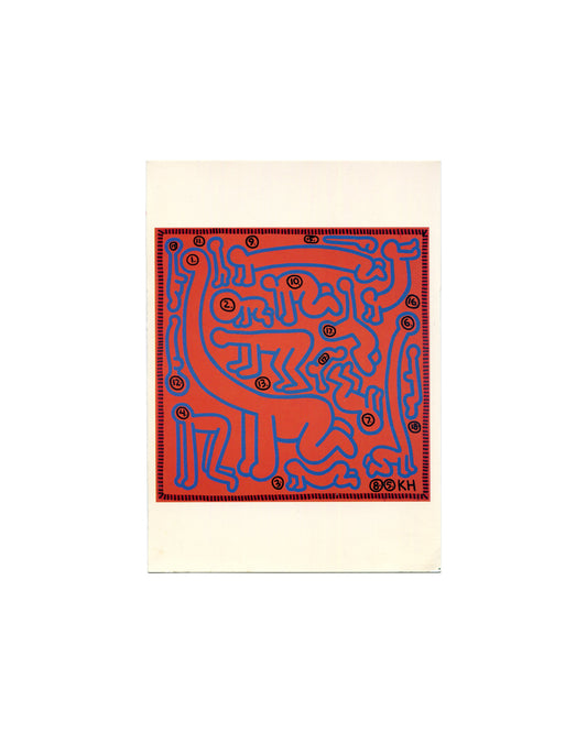 Postcard recto, Keith Haring, Untitled, 1985, Artpost, New York, 1987. Offset colour reproduction on cream card. Square image — red ground with continuous blue line drawing; interlocking simplified human and animal figures in dense, maze-like composition; circled numerals 1–18 distributed throughout; dashed black border; circled '85' and 'KH' monogram lower right. Acrylic on canvas, 5 × 5 ft. Light age toning, good vintage condition.
